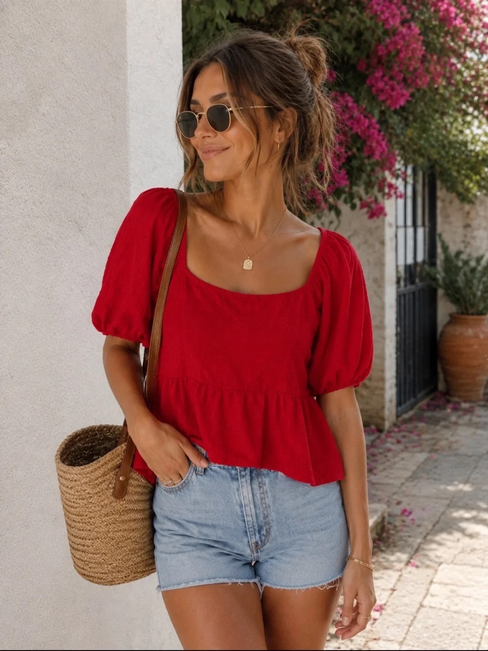 Madewell Red Puff Sleeve Square Neck Peplum Cotton Top Size XXS